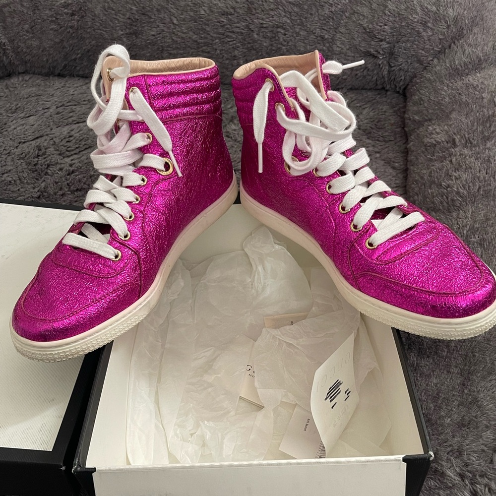 Gucci Pink Crinkle Leather High Top Sneakers Size 39+